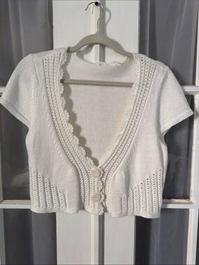 Y2K Style Cropped White Short-Sleeve Crochet-Trim Cardigan Sweater